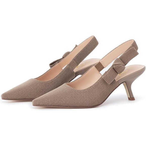 🆕 Women's Light Coffee Fabric Sling back Kitten Heels Bowknot Pumps - Picture 3 of 6